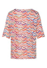 Short-sleeve top featuring a multi-colored zigzag pattern in red, orange, purple, green, and blue on a light base fabric.