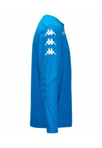 Maglietta sportiva a maniche lunghe di colore blu con dettagli a coste sulle maniche e tre stampe bianche del logo sulla parte superiore del braccio. Tessuto liscio e leggero.