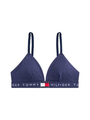 Sötétkék háromszög alakú bralette puha szövetből, vékony állítható pántokkal. Márkázott elasztikus szalaggal rendelkezik, logóval díszítve.
