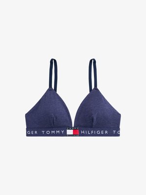 Trojkątny biustonosz w kolorze granatowym wykonany z miękkiego materiału z cienkimi regulowanymi ramiączkami. Posiada markowy elastyczny pasek z akcentami logo.