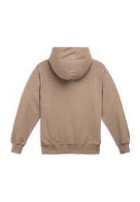 Brown hooded sweatshirt with long sleeves, ribbed cuffs and hem, soft texture, and a simple design, featuring no visible logos or patterns.
