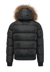 Giacca a vento nera imbottita con cappuccio con rifiniture in pelliccia sintetica, polsini e orlo a costine; texture trapuntata, tessuto liscio e silhouette affusolata.