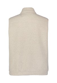 Beige mouwloze fleece vest met hoge kraag, zachte textuur, en een eenvoudig ontwerp aan de achterkant zonder zichtbare sluitingen of details.