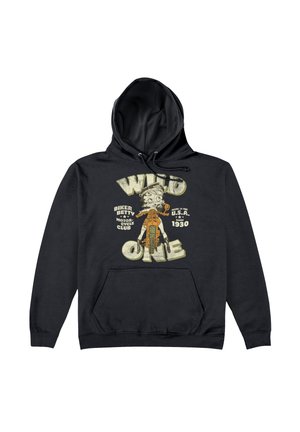 Czarny hoodie z graficznym nadrukiem "WILD ONE" i motywem motocyklowym, z przednią kieszenią, kapturem ze sznurkiem oraz miękką teksturą materiału.