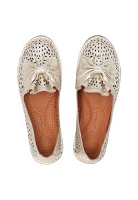 Gold perforated shoes with a large bow on the toe, textured leather upper, and a tan interior featuring small ventilation holes.