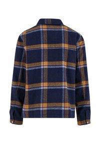 Marine rutete flanellskjorte med oransje og lyseblå rutemønster, krage, langermet, avsluttet med knappdetaljer på mansjettene.