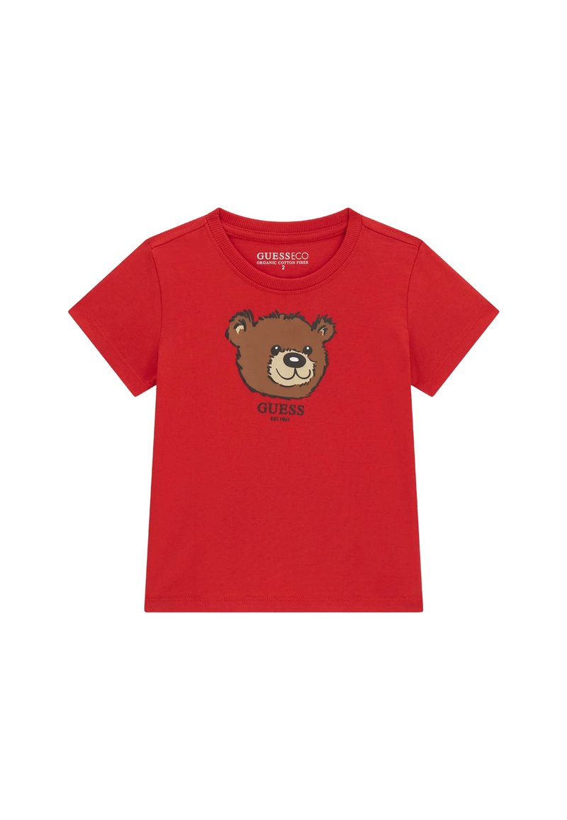 T-shirt en coton biologique rouge avec un graphique d'ours brun sur le devant. Manches courtes, col rond et texture douce.
