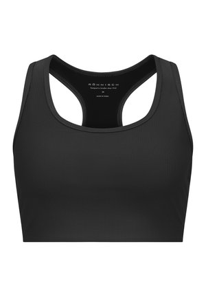 Schwarzer Sport-BH mit geripptem Design, Racerback und kontrastierenden Nähten. Verfügt über minimale Markenkennzeichnung am Halsauschnitt.