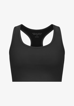 Schwarzer Sport-BH mit geripptem Design, Racerback und kontrastierenden Nähten. Verfügt über minimale Markenkennzeichnung am Halsauschnitt.