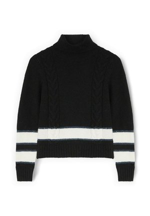 Jersey negro de punto con cuello alto, con detalles de punto trenzado y rayas horizontales blancas y azules en la mitad inferior y las mangas.
