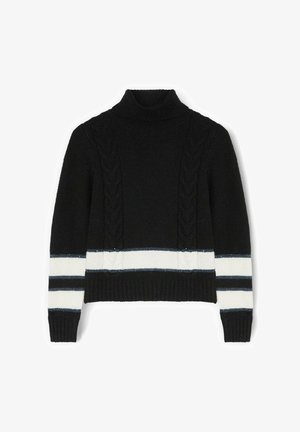 Jersey negro de punto con cuello alto, con detalles de punto trenzado y rayas horizontales blancas y azules en la mitad inferior y las mangas.