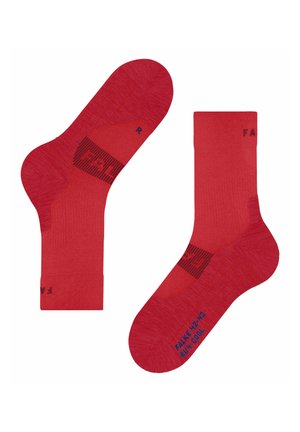 Paar rote Knöchelsocken mit schwarzem und blauem Text, die links- und rechtsseitige Fußmarkierungen sowie Markendetails zeigen.