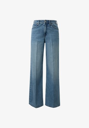 Blaue, hoch taillierte, weit geschnittene Jeans aus Denim mit vorderem Knopf und Reißverschluss, Gürtelschlaufen und sichtbarer Naht an jedem Bein.