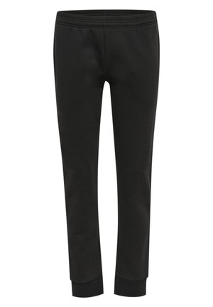 Schwarze Jogginghosen mit einem gerippten Bund, schmaler Passform und Bündchen am Saum, aus weichem, glattem Stoff ohne sichtbare Muster.