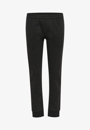 Pantalones deportivos negros con cintura acanalada, ajuste ceñido y dobladillos ajustados, fabricados con una tela suave y lisa sin patrones visibles.