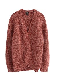 Strikket cardigan med lange ærmer i blandet rødt og pink garn med ribbede manchetter og åben front.
