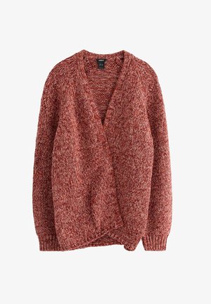 Pletený kardigan s dlouhým rukávem v kombinované červené a růžové přízi, s žebrovanými manžetami a otevřeným předním designem.