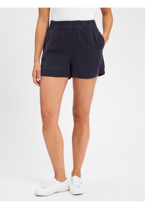 Navy shorts with an elastic waistband and side pockets. Made of lightweight fabric, featuring a relaxed fit that ends mid-thigh.