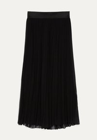 Gonna nera plissettata con una ampia vita elastica. Realizzata in tessuto leggero, presenta pieghe verticali lungo tutta la lunghezza.