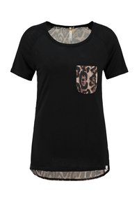 Černé tričko s krátkým rukávem a kulatým výstřihem, s kapsičkou v leopardím vzoru. Vyrobeno z měkké látky, má volný střih a zakulacený lem.