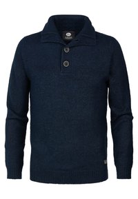 Pull-over en maille bleu marine avec manches longues, poignets et ourlet côtelés, col retourné et patte à deux boutons.