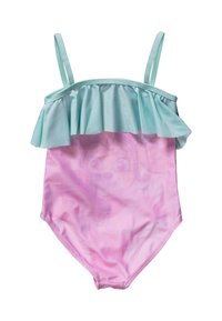 Un maillot de bain pour enfants avec un haut à volants bleu clair et un bas rose avec un dessin délicat de personnages. Bretelles ajustables pour un meilleur ajustement.