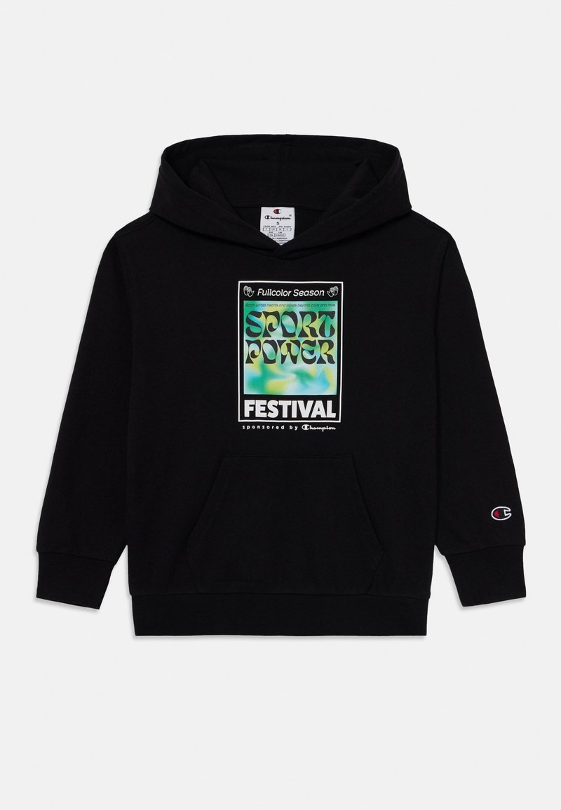 Sweat à capuche noir avec une poche avant, arborant un graphique multicolore "Sport Power Festival" sur la poitrine et un petit logo Champion sur la manche.