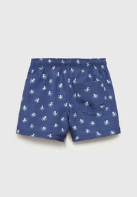 Modré plavky s bílým vzorem chobotnic, elastický pas a zadní kapsa s knoflíkovým detailem.