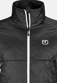 Schwarze Daunenjacke mit hohem Kragen, ausgestattet mit einem weißen Reißverschluss, gestepptem Muster und einem Logo auf der linken Seite. Glatte Textur.