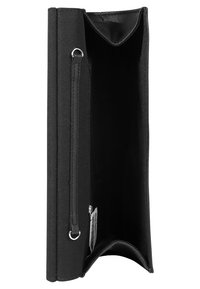 Clutch in tessuto nero dalla forma rettangolare, con zip e manico laterale. L'interno è semplice, senza scomparti né motivi.