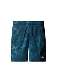 Men's swim shorts in dark teal with abstract water-like pattern, elastic waistband, and logo on the bottom right. Lightweight material.