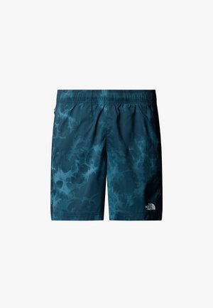 Men's swim shorts in dark teal with abstract water-like pattern, elastic waistband, and logo on the bottom right. Lightweight material.