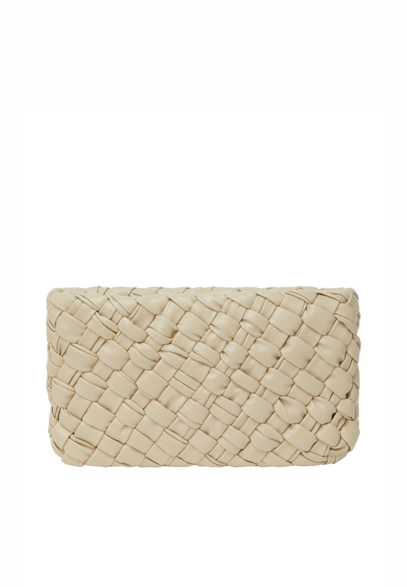 Gewebte cremefarbene Ledertasche mit rechteckiger Form, die eine strukturierte Oberfläche und nahtlose Kanten aufweist. Ideal für vielseitige Stylings.