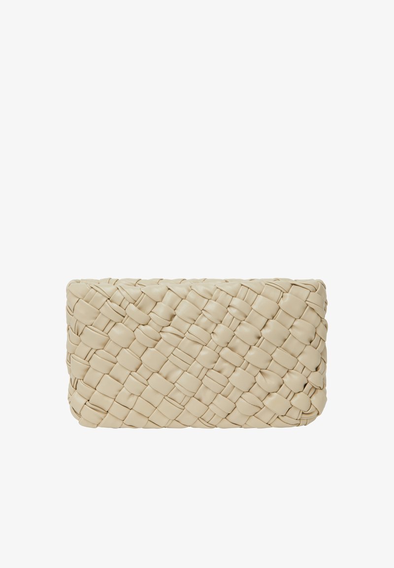 Tkaná krémová kožená kabelka s obdélníkovým tvarem, která má texturovaný povrch a bezproblémové okraje. Ideální pro všestranné styling.