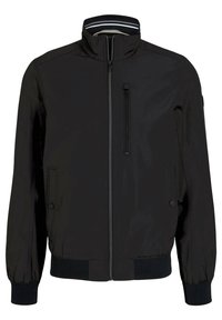 Černá bomber bunda s límcem stojáčkem, předním zipem, žebrovanými manžetami a lemem. Má zipovanou kapsu na hrudi a hladkou texturu látky.