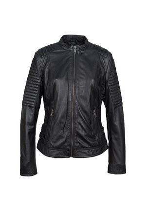 Czarna skórzana kurtka motocyklowa z żebrowanymi akcentami na ramionach, z zamkiem z przodu i dwoma bocznymi kieszeniami. Gładka textura i dopasowany krój.