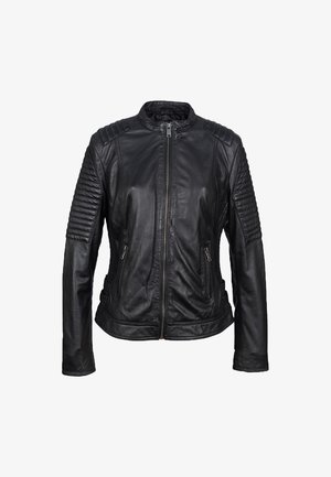 Veste de moto en cuir noir avec des accents côtelés aux épaules, fermeture éclair à l'avant et deux poches latérales. Texture lisse avec un design ajusté.
