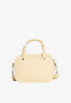 Borsa rettangolare color crema con doppio manico, tracolla staccabile e logo in rilievo sottile al centro davanti.