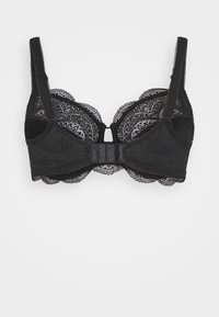 Black lace bra with scalloped edges, underwire support, adjustable straps, and a hook-and-eye closure at the back. Textured floral pattern.
