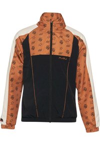 Sort og orange zip-jakke med høj krave, stjerneserier og logo-detaljer. Fremstillet af letvægtsstof med elastiske ærmekanter.