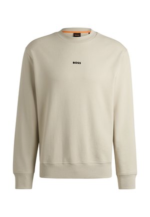 Light beige sweatshirt made of soft fabric; features a crew neckline, long sleeves, ribbed cuffs, and a black "BOSS" logo at the center.