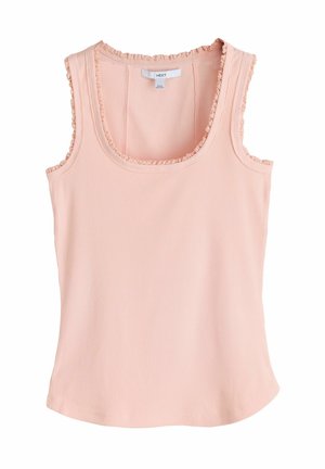 Ärmelloses, geripptes, blassrosa Tanktop mit gerafftem Besatz entlang des Ausschnitts und der Armlöcher, weicher Stoff, lockere Passform.