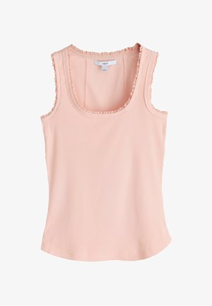 Ärmelloses, geripptes, blassrosa Tanktop mit gerafftem Besatz entlang des Ausschnitts und der Armlöcher, weicher Stoff, lockere Passform.