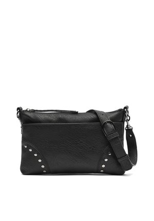 Black textured leather crossbody bag with adjustable strap and silver studs on bottom corners, zippered top, and minimalist design.