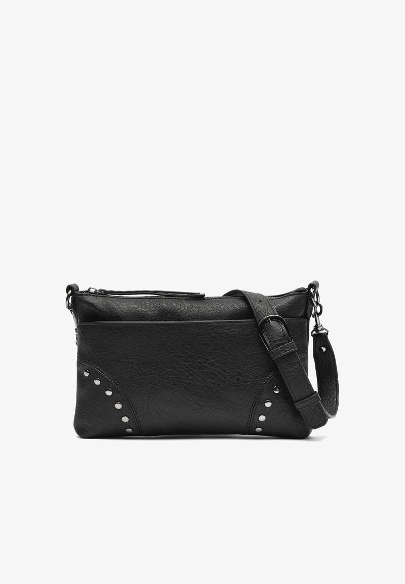 Black textured leather crossbody bag with adjustable strap and silver studs on bottom corners, zippered top, and minimalist design.