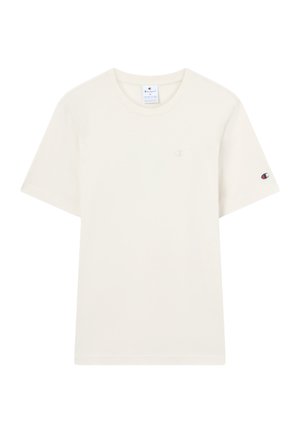 Witte T-shirt met korte mouwen van Champion met ronde hals, klein geborduurd logo op de borst en mouw, en maatlabel zichtbaar binnenin de kraag.