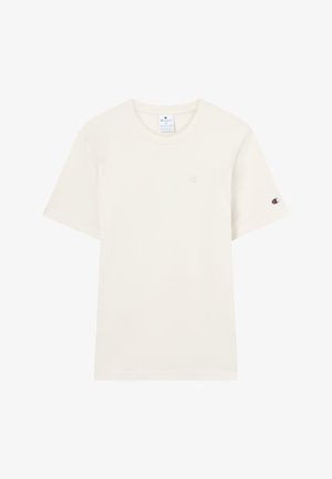 Tricou alb cu mânecă scurtă de la Champion, cu guler rotund, logo brodat mic pe piept și pe mânecă, și eticheta de mărime vizibilă în interiorul gulerului.