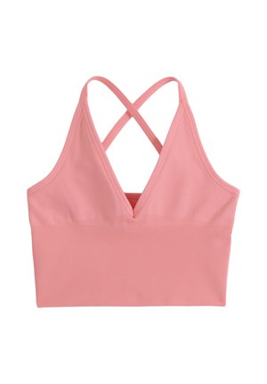 Lyserød ærmeløs croptop med ribbet bund, V-hals foran og krydsede stropper bagpå.