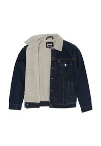 Giacca di denim con un esterno blu scuro e un interno foderato di morbido grigio chiaro. Presenta bottoni a pressione, tasche laterali e un colletto classico.