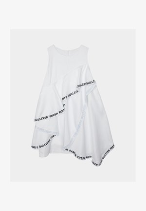 White sleeveless dress with asymmetrical hem, featuring black and blue text accents along the edges, made from a soft, lightweight material.